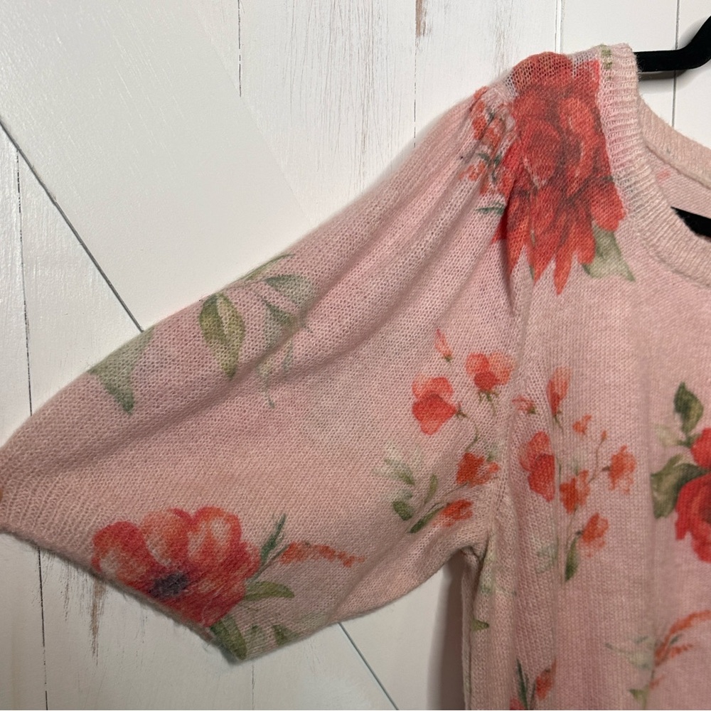 Anthropologie Pink Floral Rose Crew Neck Short Sleeve Sweater - Picture 3 of 7